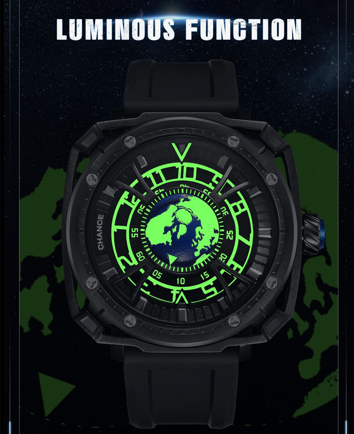 CHANCE Orologio da polso meccanico di lusso da uomo, automatico, cassa in acciaio inossidabile, cinturino sportivo in silicone, orologio luminoso, 9052