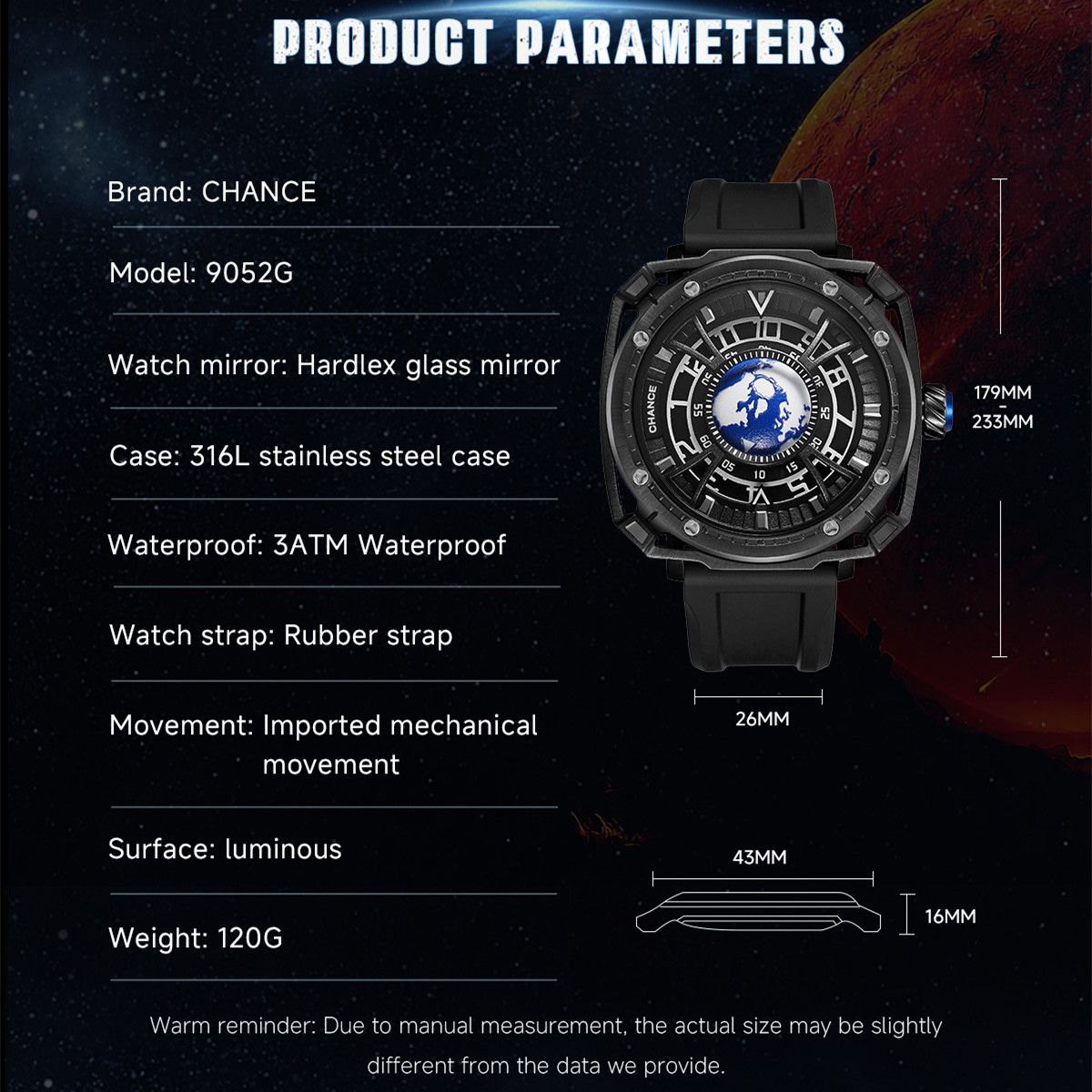 CHANCE Orologio da polso meccanico di lusso da uomo, automatico, cassa in acciaio inossidabile, cinturino sportivo in silicone, orologio luminoso, 9052